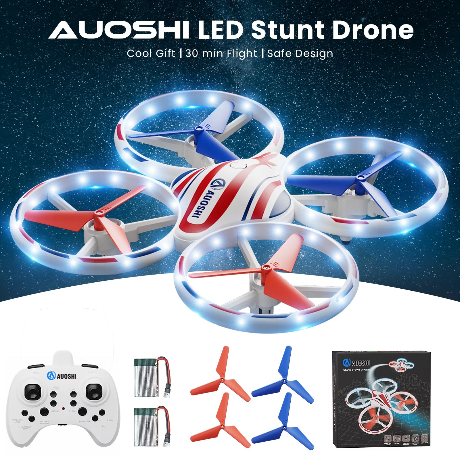 LED Stunt Drone with 360° Flips, Drift & 3 Speed Modes,Colorful Lights,Protective Guard,One-Key Takeoff/Landing/Return,Optical Flow Hover,2 Batteries,Fun Gift for Kids,Teens,Adults & Beginners
