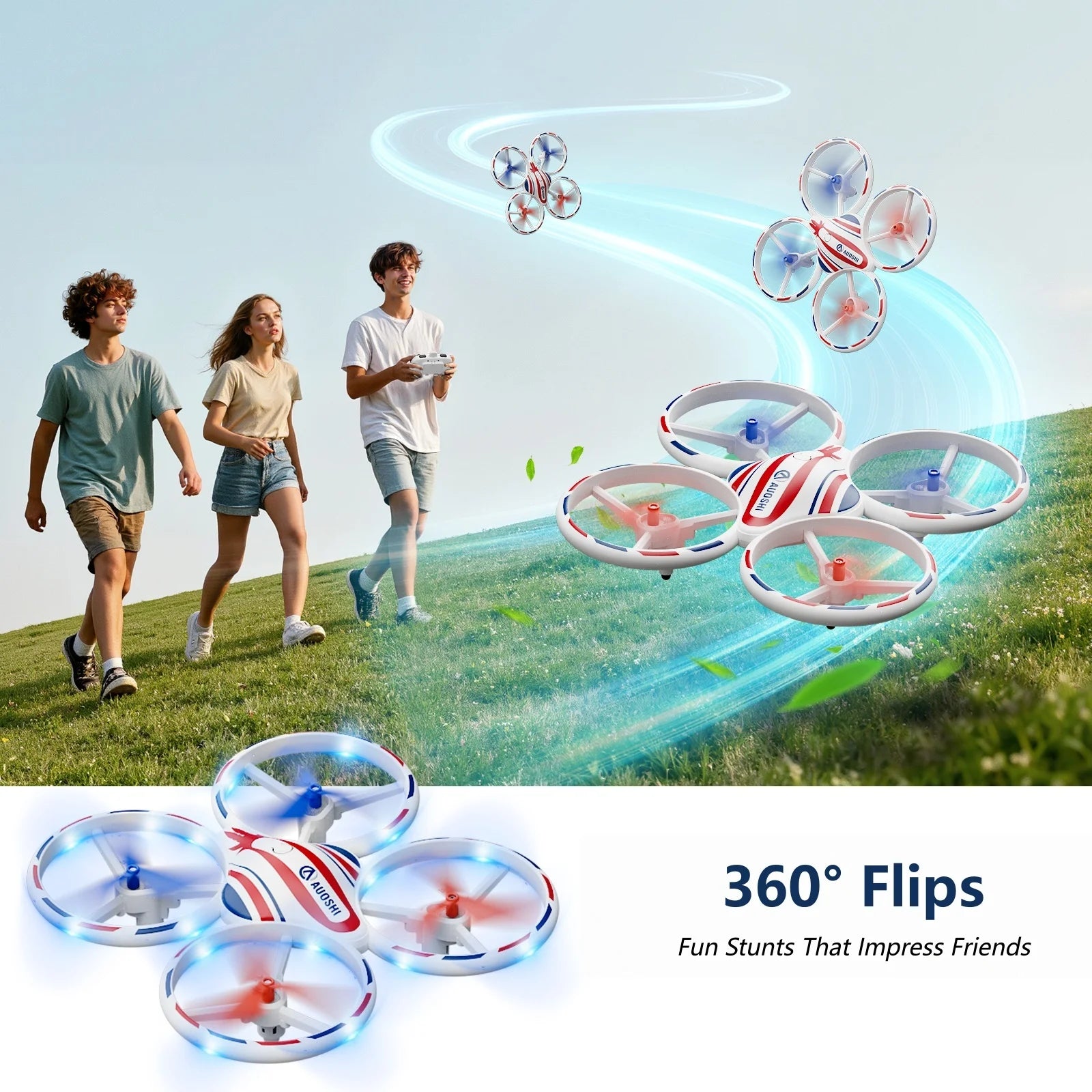 LED Stunt Drone with 360° Flips, Drift & 3 Speed Modes,Colorful Lights,Protective Guard,One-Key Takeoff/Landing/Return,Optical Flow Hover,2 Batteries,Fun Gift for Kids,Teens,Adults & Beginners