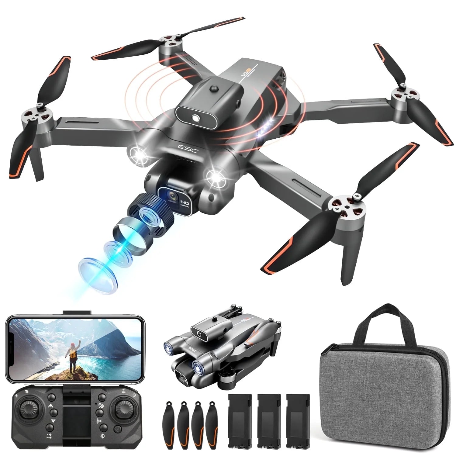Foldable Aerial Drones, 1080P Ajustable Dual Camera & 3 Batteries, Brushless FPV Quadcopter UAV, Optical Flow, 360° Obstacle Avoidance, Waypoint Fly, Christmas Toy Gift for Adults & Kids