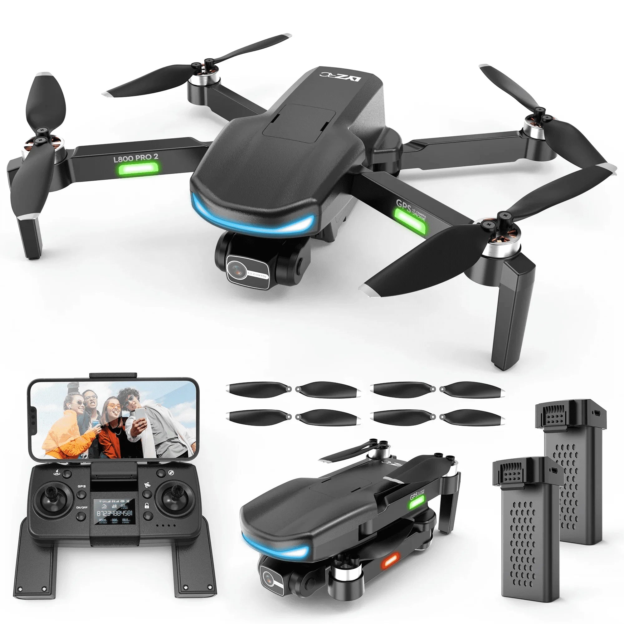 L800 Pro2 GPS Drone with 4K HD Camera for Adults and Beginners, 3-Axis Gimbal, FPV RC Quadcopter with Brushless Motor, 5G WIFI Transmission, 2 Batteries, Black