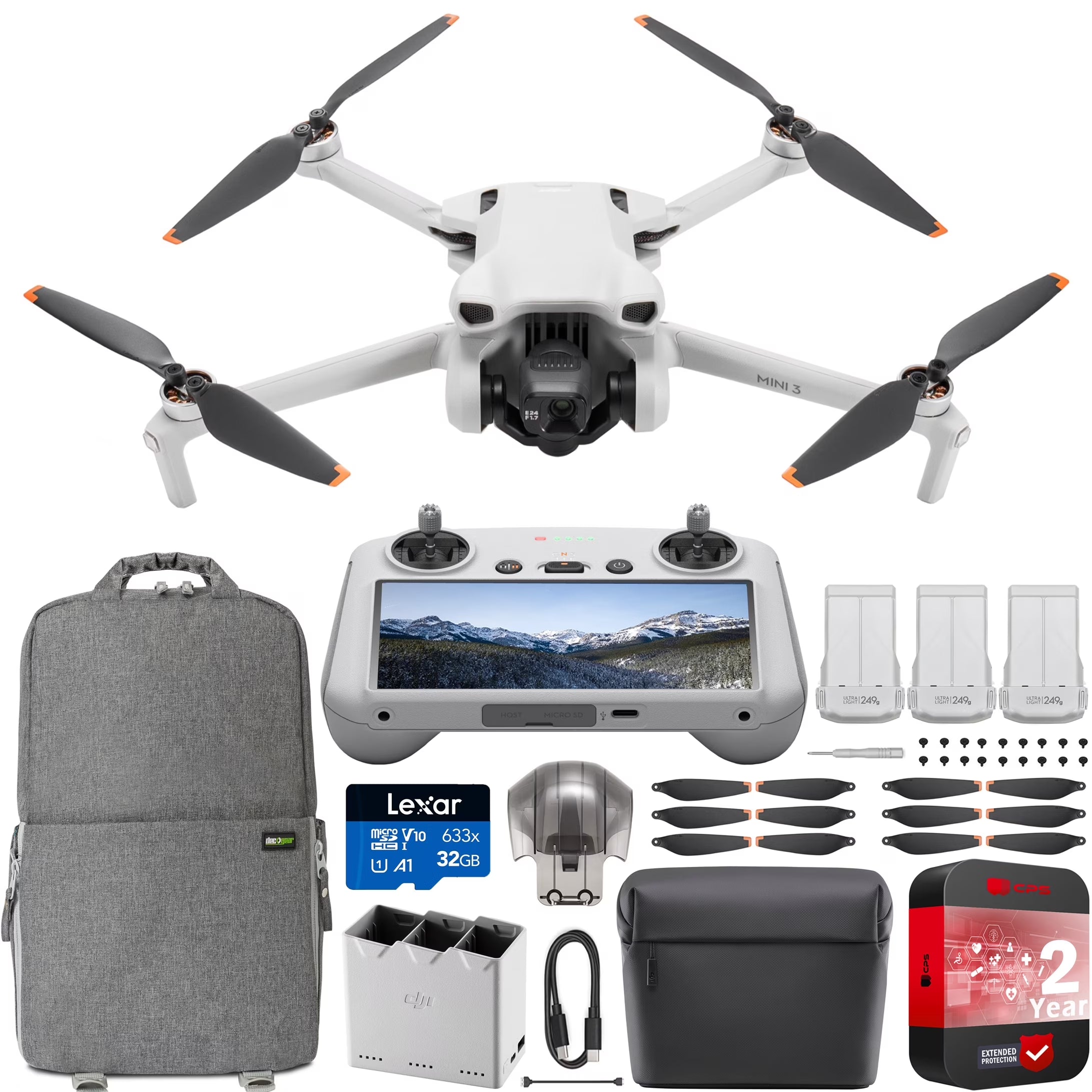 Mini 3 Camera Drone Quadcopter + RC Smart Controller (With Screen) + Fly More Kit, 4K Video, 38Min Flight Time, True Vertical Shooting, Intelligent Modes Bundle W/ Deco Gear Backpack +Accessories