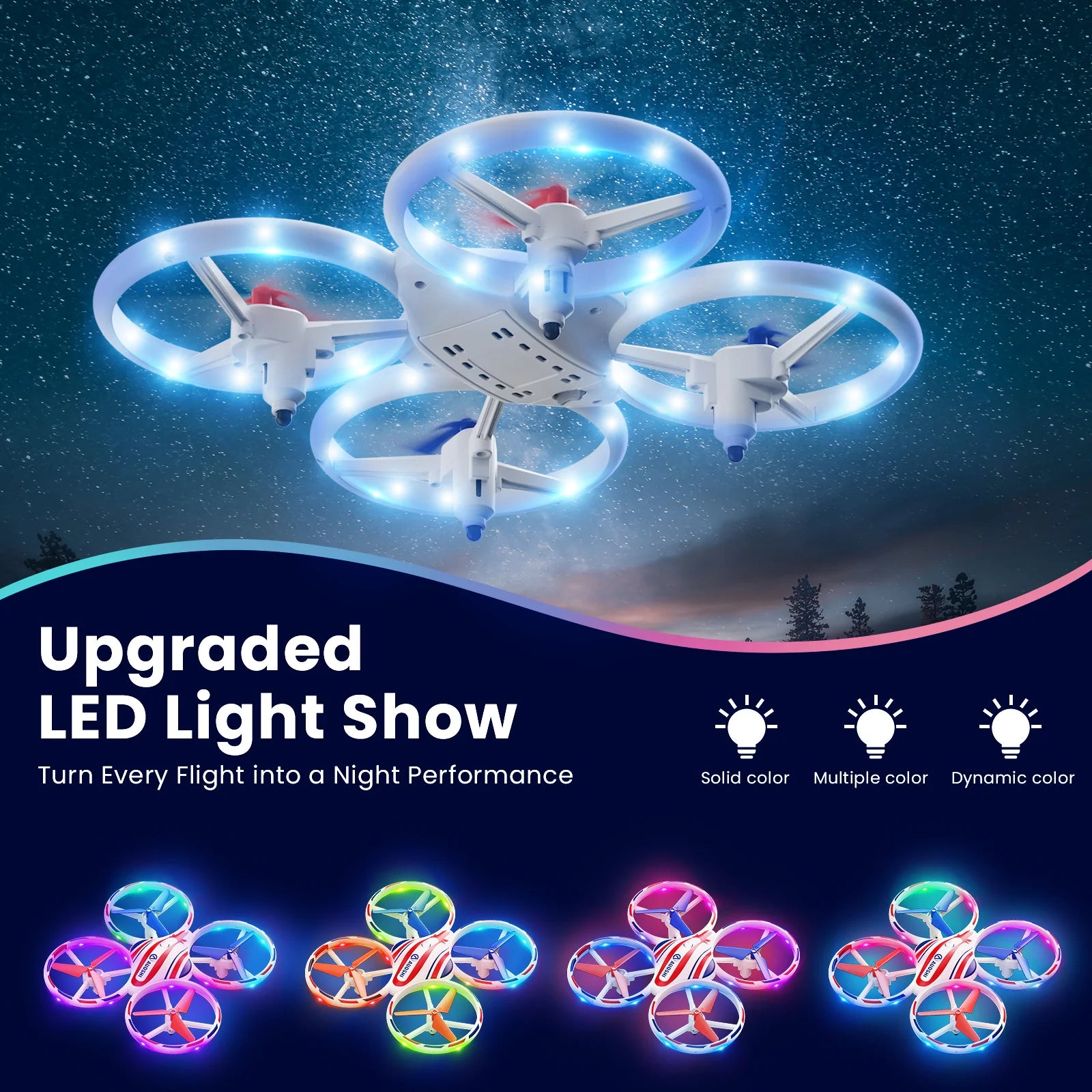 LED Stunt Drone with 360° Flips, Drift & 3 Speed Modes,Colorful Lights,Protective Guard,One-Key Takeoff/Landing/Return,Optical Flow Hover,2 Batteries,Fun Gift for Kids,Teens,Adults & Beginners