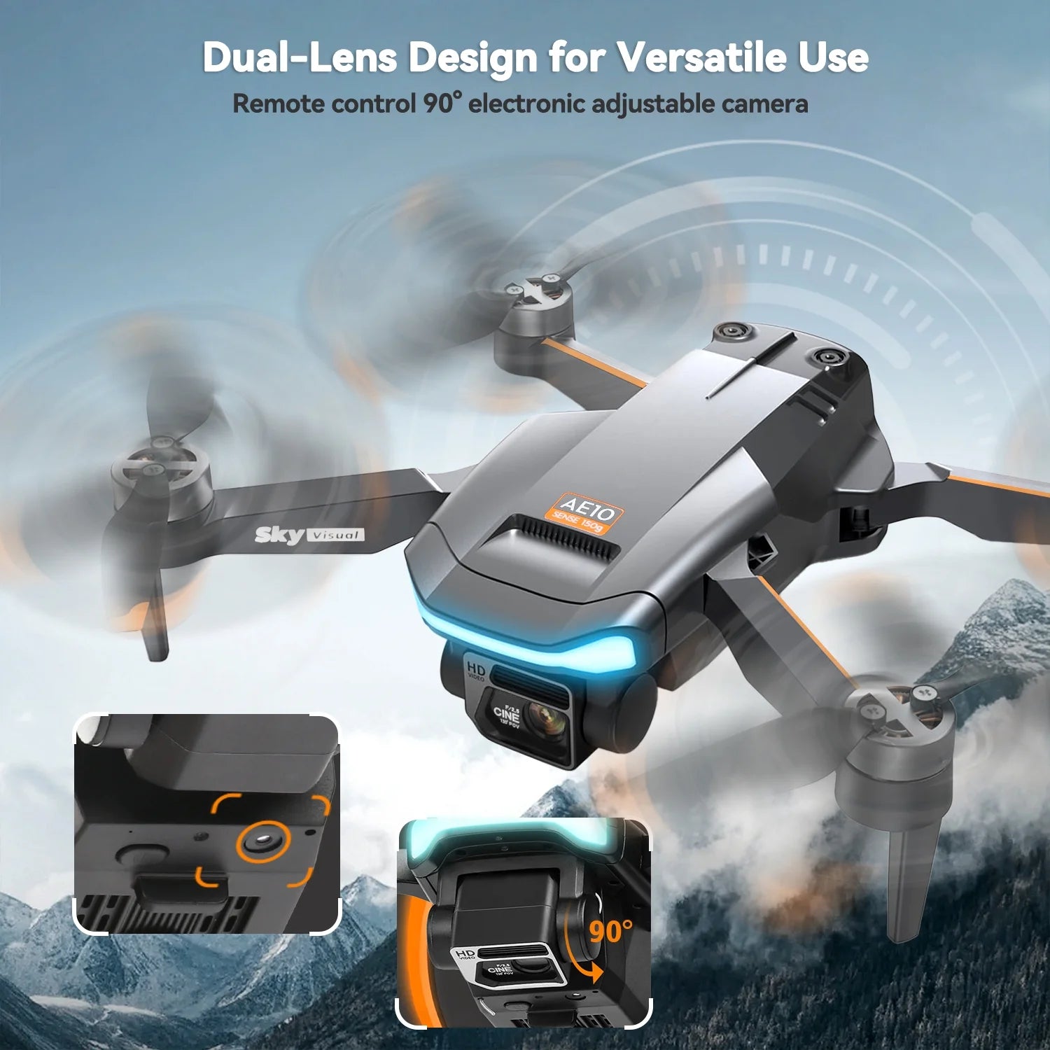 GPS Drones with Camera for Adults, AE10 Mini Fodable RC Drone for Beginners with Auto Return Home, 1080P HD, Dual-Camera FPV , Brushless Motor, 2 Batteries, Black