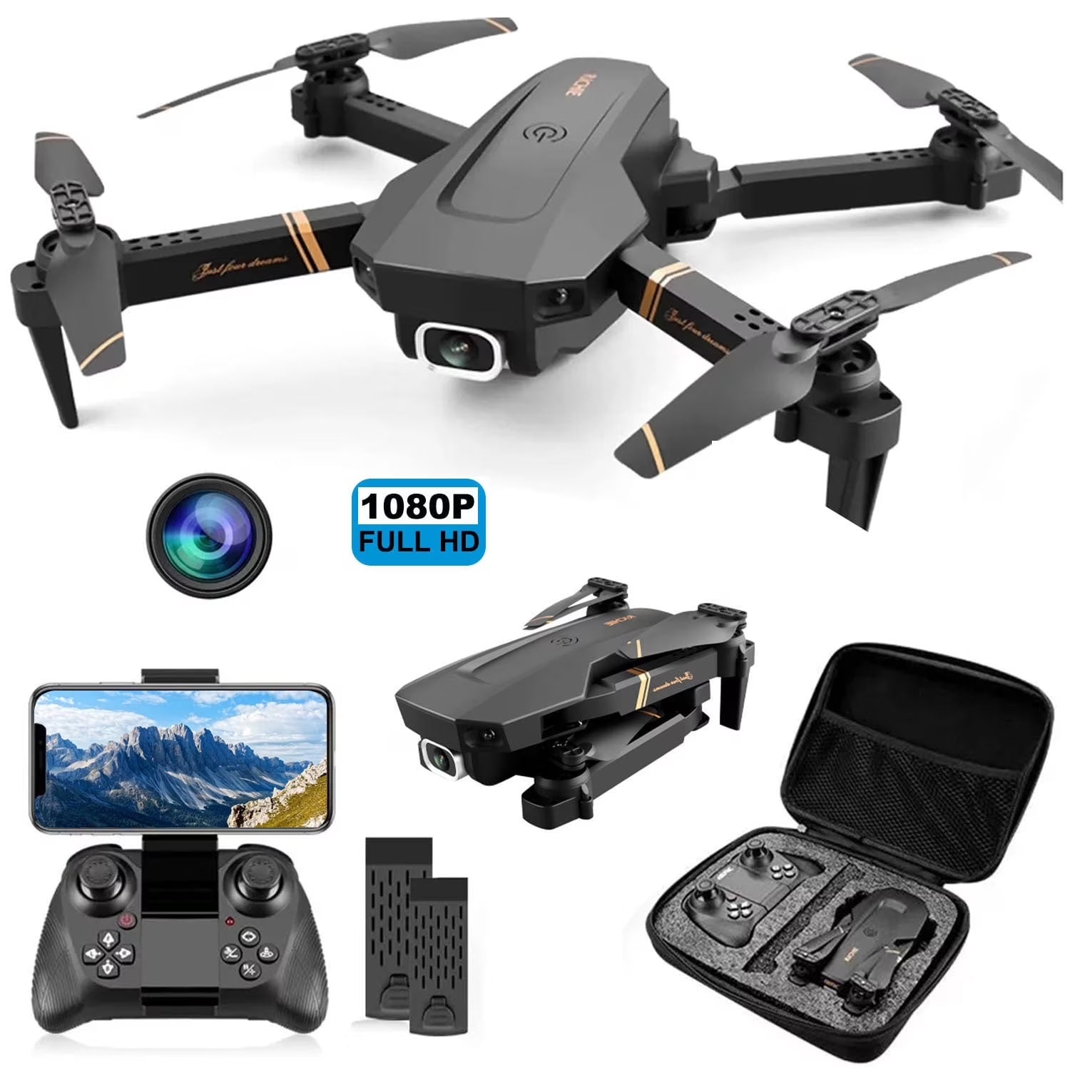 RC Drone with 1080P Camera for Adults and Kids, Wifi FPV Live Video RC Quadcopter for Beginners, 2 Batteries, Black