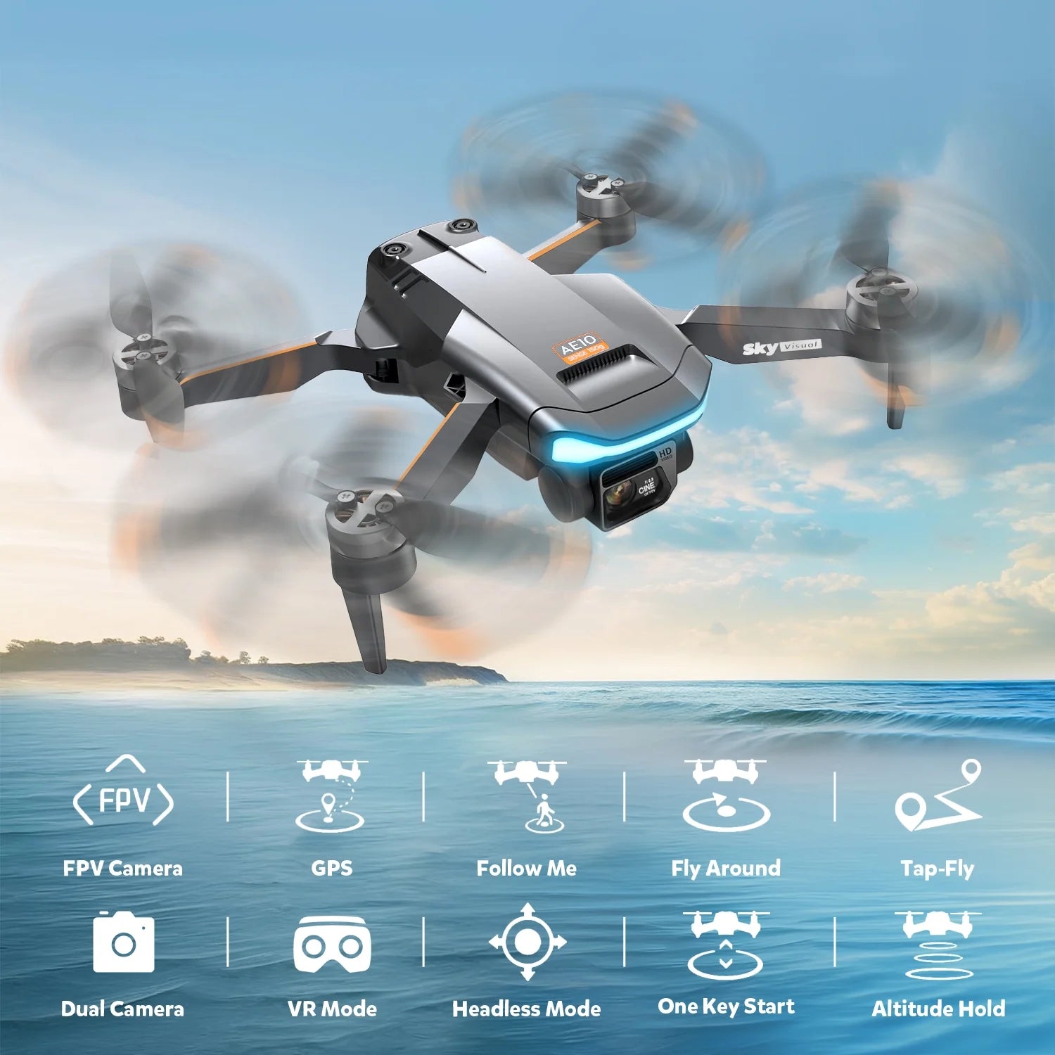 GPS Drones with Camera for Adults, AE10 Mini Fodable RC Drone for Beginners with Auto Return Home, 1080P HD, Dual-Camera FPV , Brushless Motor, 2 Batteries, Black
