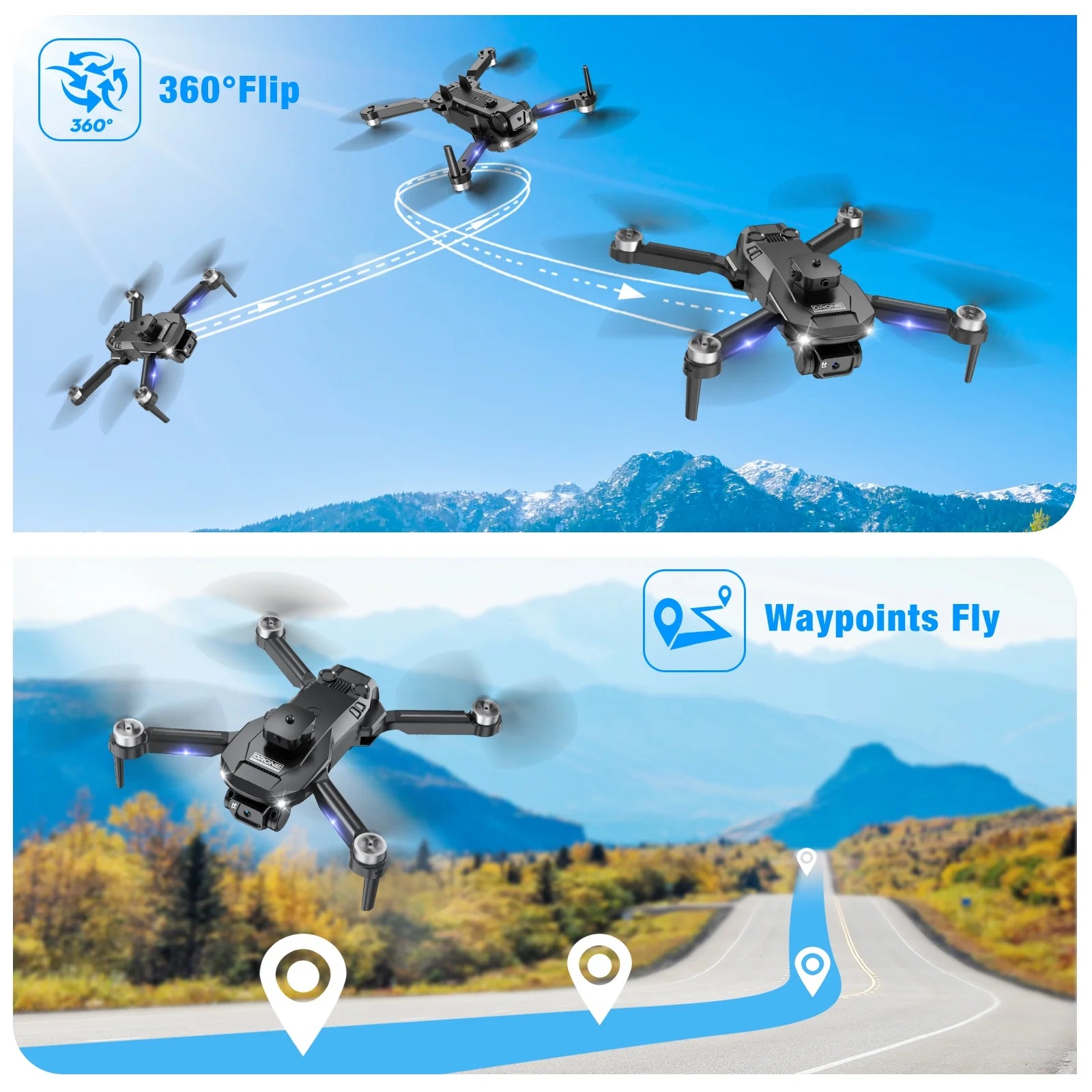 Drones with Camera for Adults 6K, 1080P FPV RC Quadcopter for Kids Beginners with 3 Batteries, Foldable, Brushless Motor, 3D Flips,One Key Take Off/Land, Black