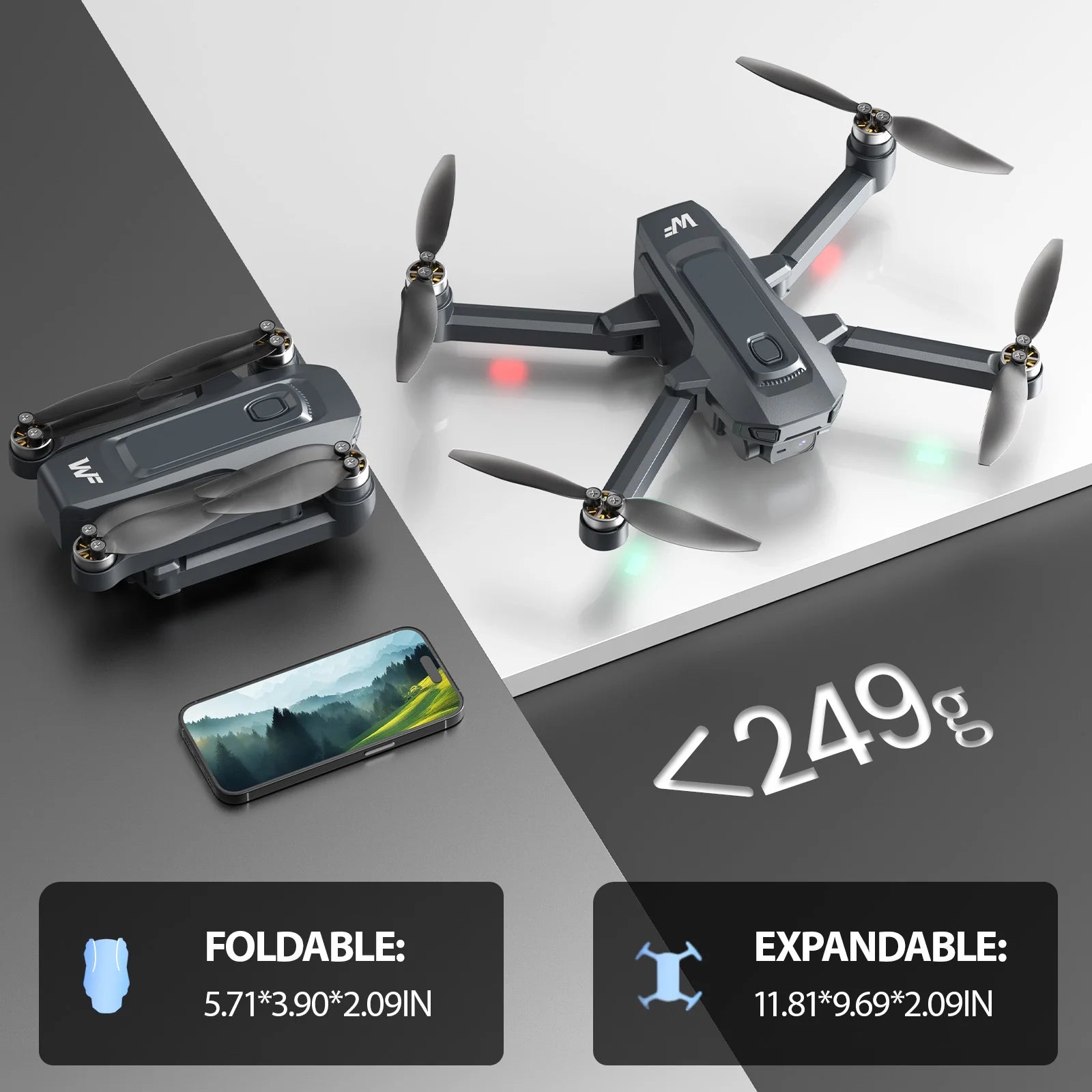 Drones with Camera for Adults 4K,  WF33 GPS Foldable FPV Drone with 4.5" LCD Screen on Controller, 8GB Card, under 249G, Brushless Motor, 2 Batteries, Gray