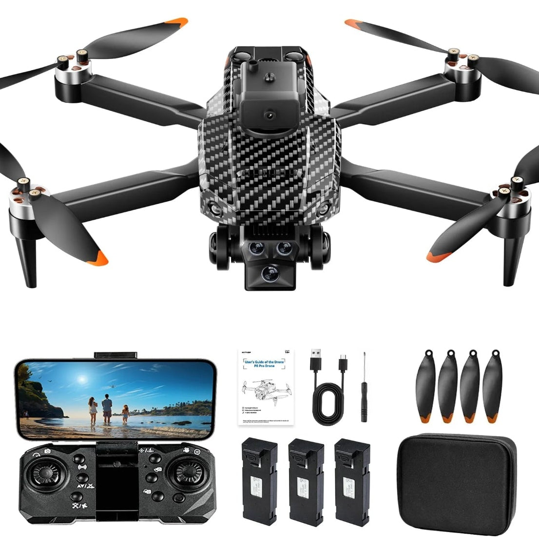 P8 Drones with Camera for Adults 4K, Brushless Motor, 90° Electrical Adjustment, 3 Batteries 45 Mins Flight, Foldable Drone, Carbon Fibe